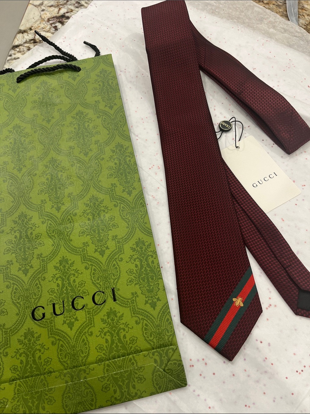 Gucci Burgundy Silk Tie with Green and Red Web Stripe and Bee